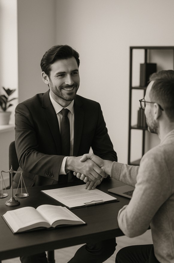 Lawyer shaking hands with client in modern office